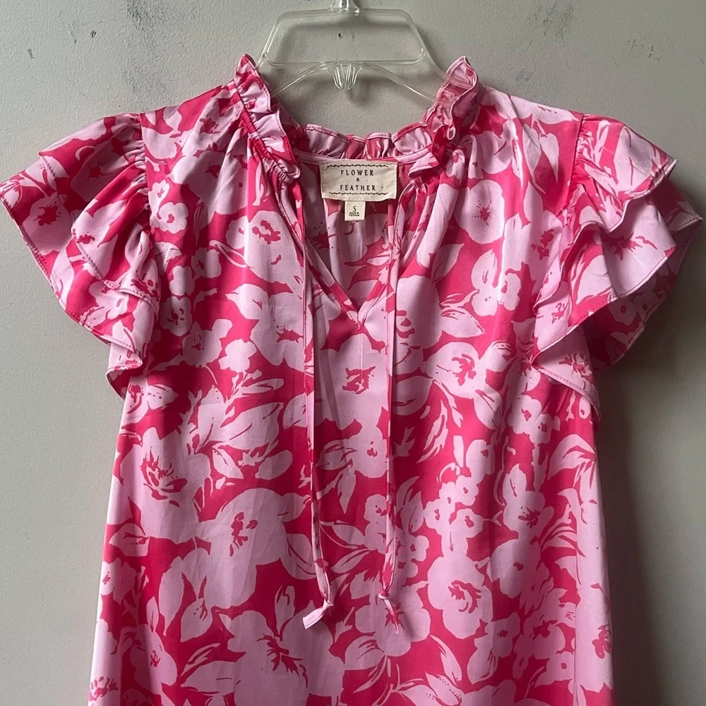 Floral Ruffle Sleeve Tie-Neck Blouse - Pink - Picture 2 of 9